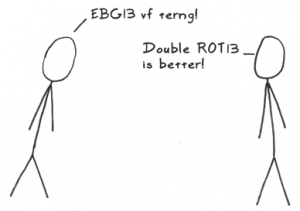 Two people giving (encrypted) arguments about various encryption schemes. ... 'EBG13 vf terng!' ... 'Double ROT13 is better!'