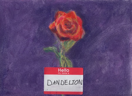 A rose with a hello-my-name-is tag that says 'dandelion'