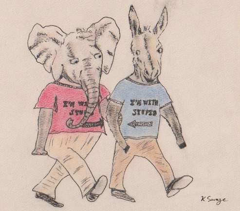 Donkey and Elephant walking arm in arm, wearing 'I'm with stupid' shirts