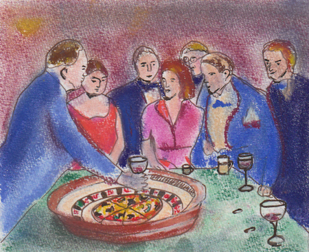 a group of diners playing roulette with a pizza for the roulette wheel