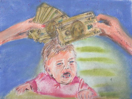 money changing hands and a crying baby
