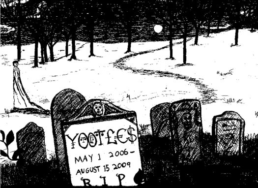 Gravestone with 'Yootles RIP May 1, 2006 - August 15, 2009